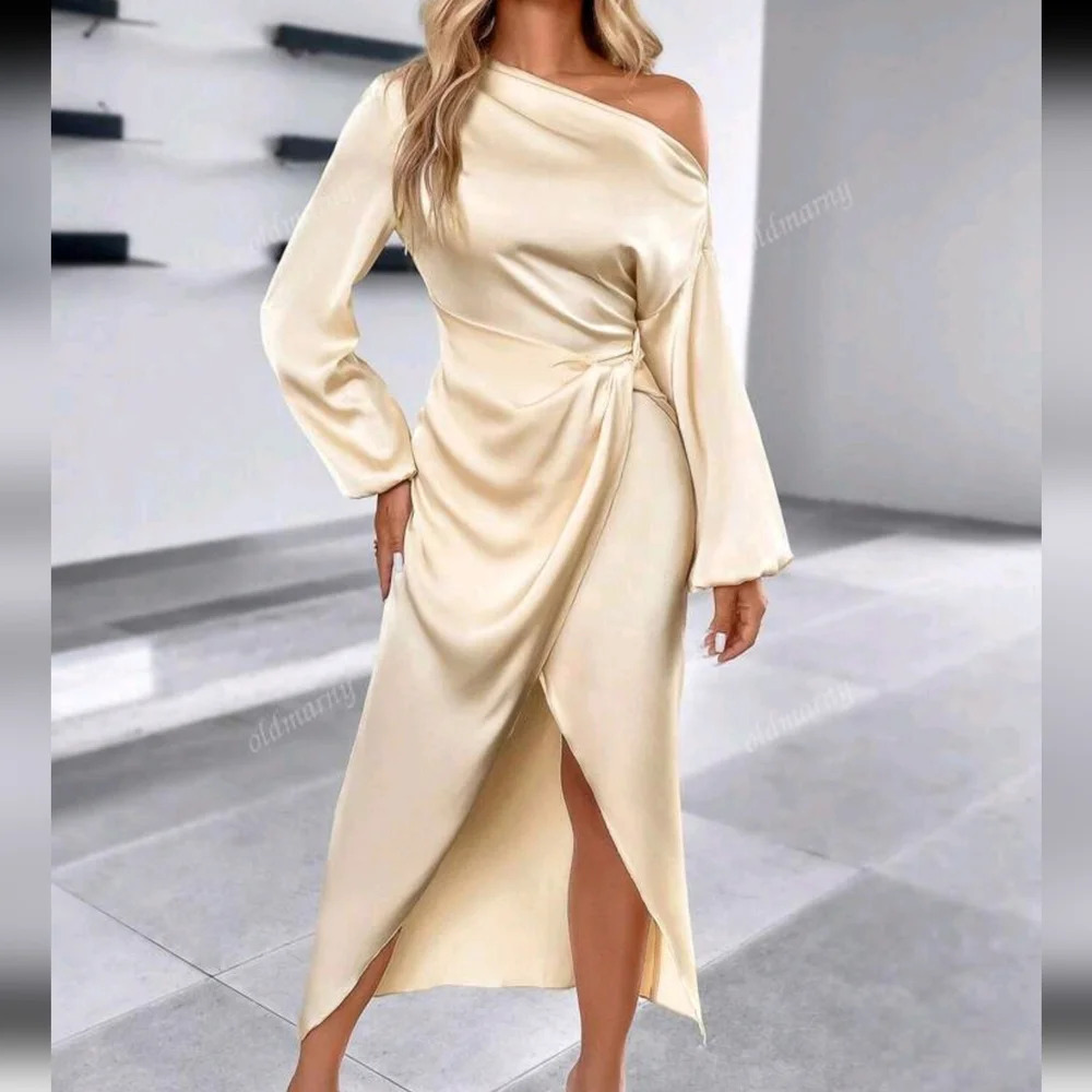Solid Color Asymmetrical Neck Long Sleeves Waist Twist High Slit Sexy Satin Eleg - Picture 4 of 5